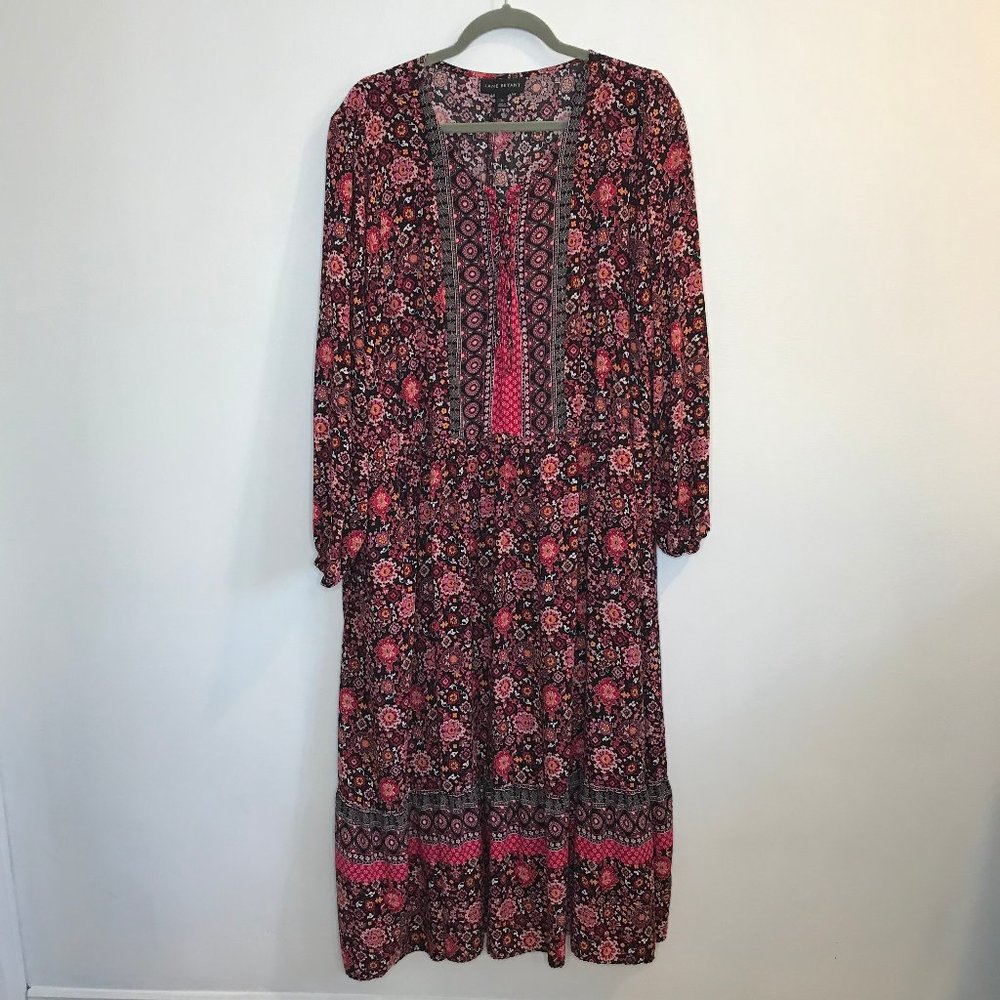Lane Bryant Plus 26 / 3X Black Pink Boho Floral Maxi Dress Balloon Sleeves - Picture 1 of 10
